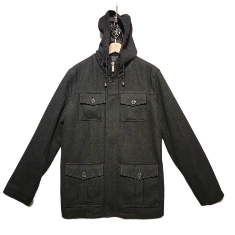 STRUCTURE Mens Small Black Wool Blend Hooded Field‎ Jacket Coat Warm